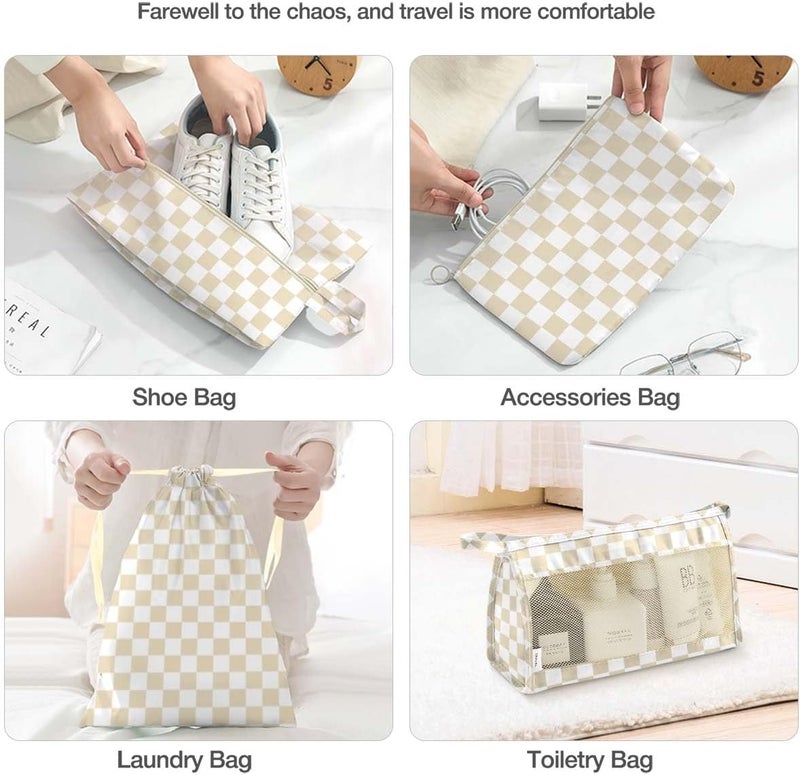 Hatisan 8 Set Packing Cubes for Suitcases,Packing Cube with Shoe, Cosmetics, Clothing, and Accessories Bags Packing Cubes for Travel Luggage Organizer Women Men(Khaki Checkered) - Image 5